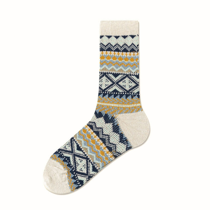 Fair Isle Pattern Walking Crew Socks Beige