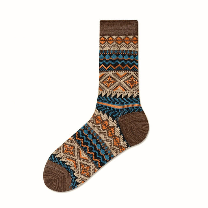 Fair Isle Pattern Walking Crew Socks Brown