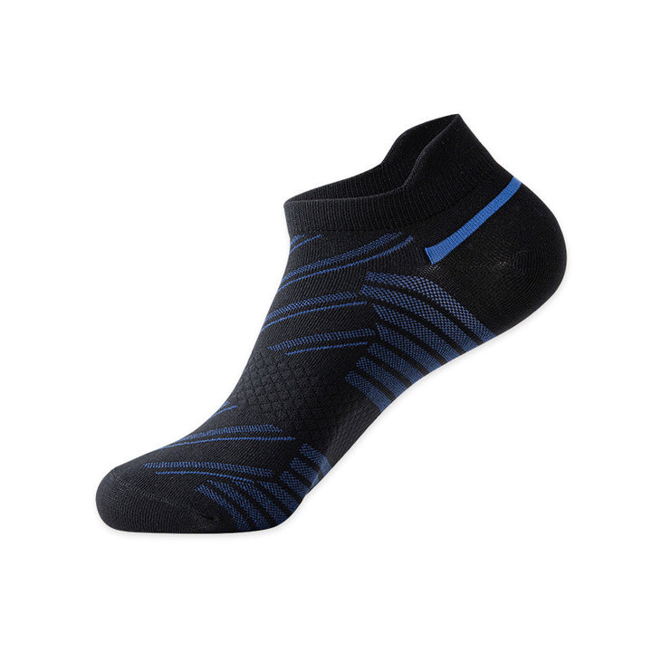 Black ankle sock with blue geometric patterns and moisture-wicking design.