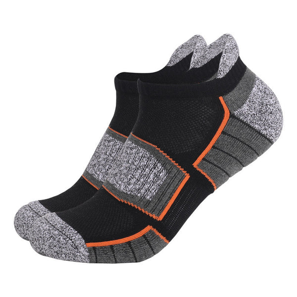 Black and gray ankle socks with orange accents.