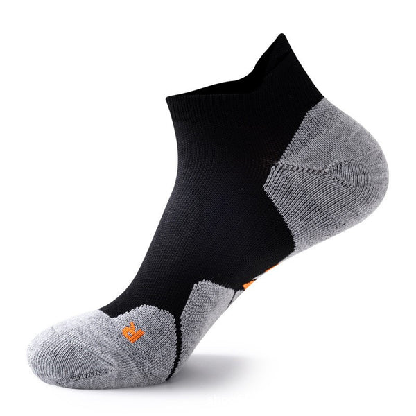 Black and gray ankle socks with orange logo.
