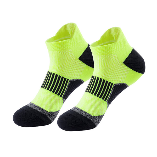 Black and lime green ankle socks with stripe design.