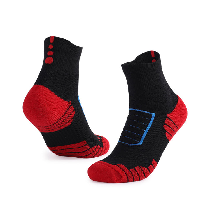 Black and red cushioned athletic socks with arch support, designed for high performance and comfort.