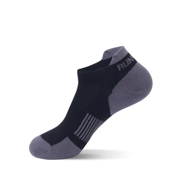 A single black running sock, on a white background.
