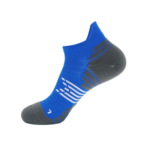 Blue ankle sock with grey cushioned areas and black patterned details.