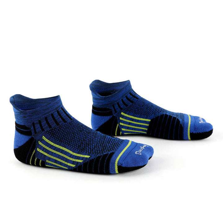 Pair of blue ankle socks with neon green stripes on a white background.
