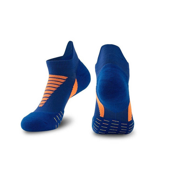 Blue ankle socks with orange stripes and ventilation detail on a white background.