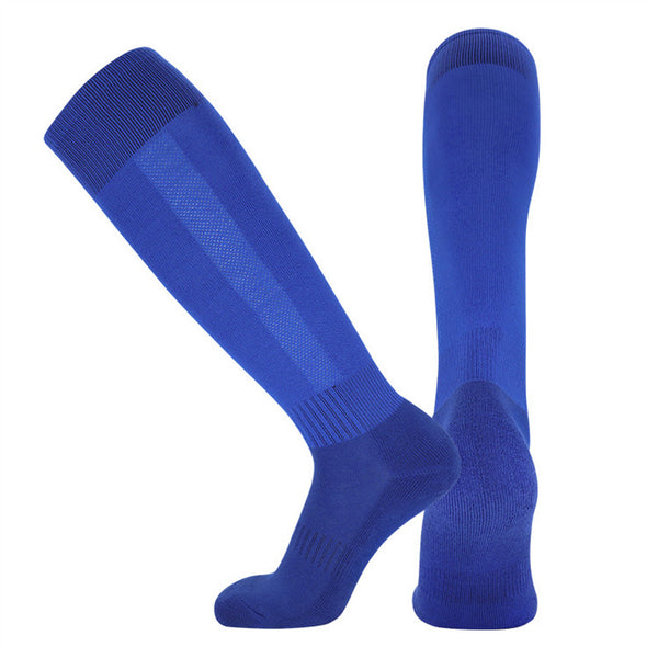 A pair of blue knee-high compression socks displayed against a white background.