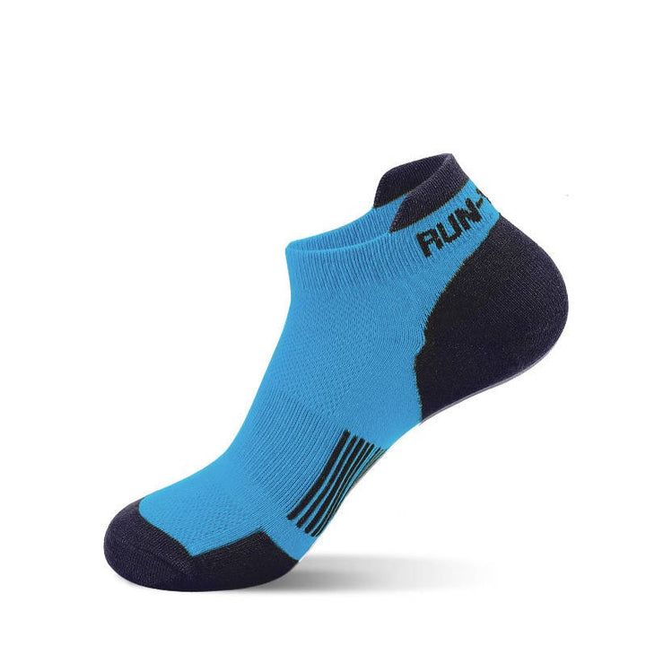 A single blue running sock, on a white background.
