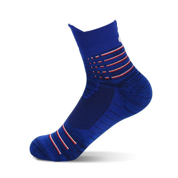 A single blue sports sock with orange and red stripes, featuring a ventilated design, on a white background.