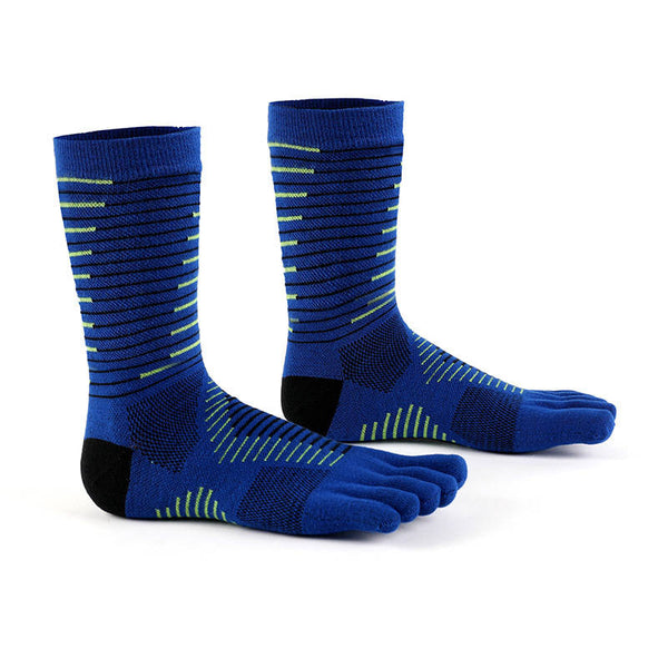 Blue five-toe socks with horizontal green stripes and black padding, displayed upright.