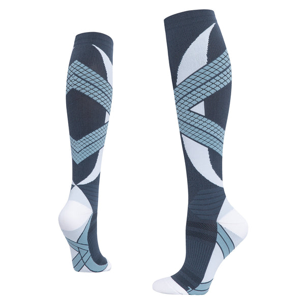 A pair of blue and white geometric-patterned compression socks.