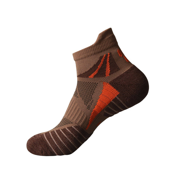 A single brown ankle sock with orange stripes on a white background.