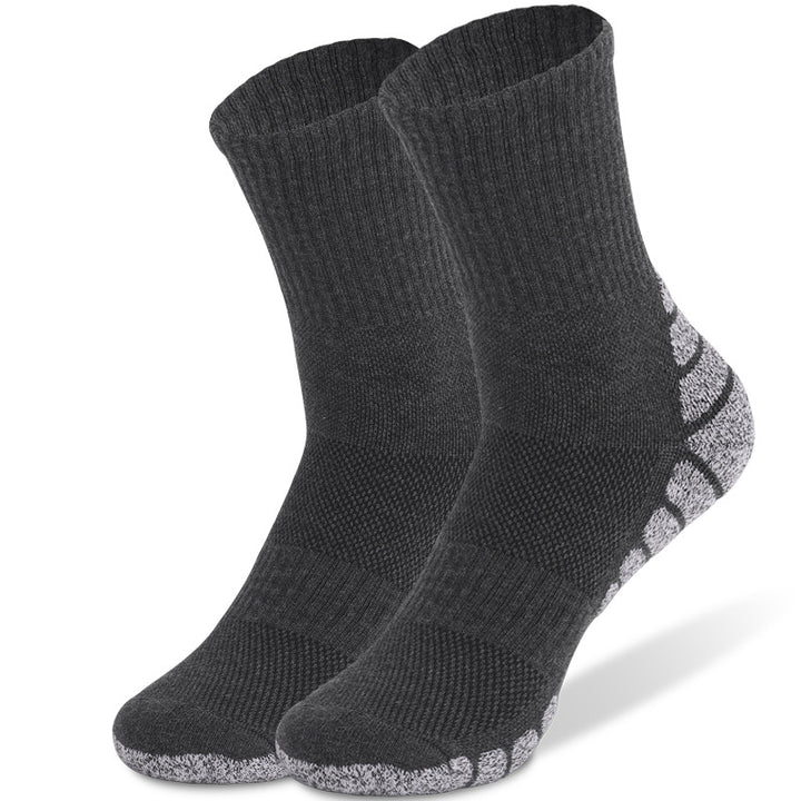 Drk gray crew compression sports socks with cushioned soles and anti-slip design.