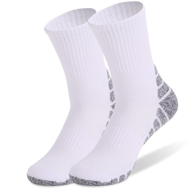 White crew compression sports socks with cushioned soles and anti-slip design.