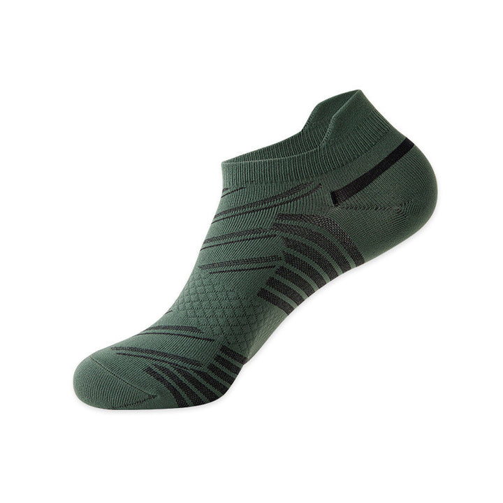 Dark green ankle sock with geometric pattern and reinforced heel.