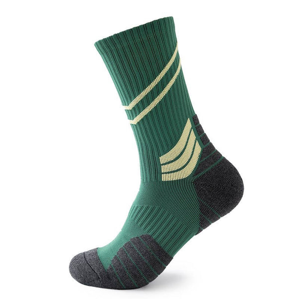 Dark green sports sock with gold stripes and black cushioning in the heel and toe areas, presented against a white background.