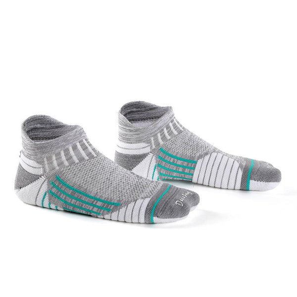 Pair of gray ankle socks with teal stripes and reinforced toe area on a white background.