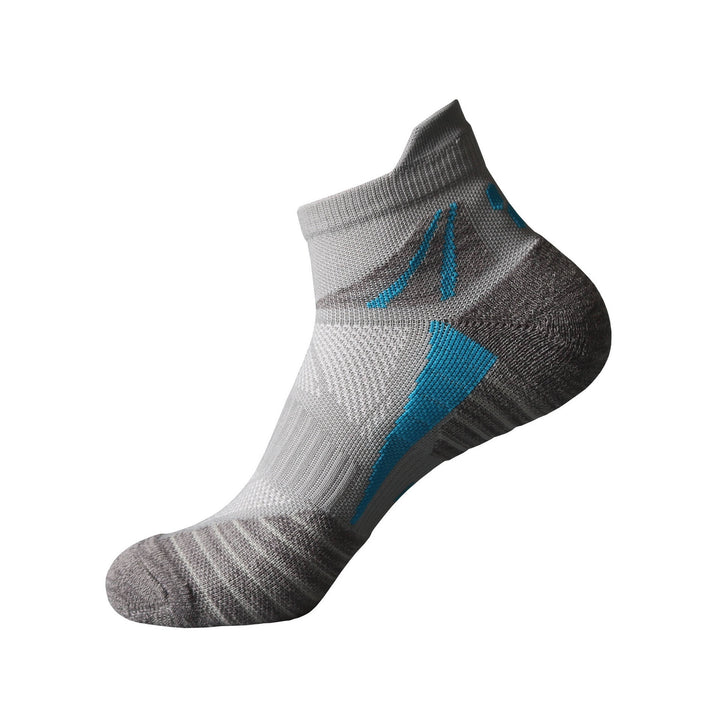 A single grey ankle sock with blue detailing on a white background.