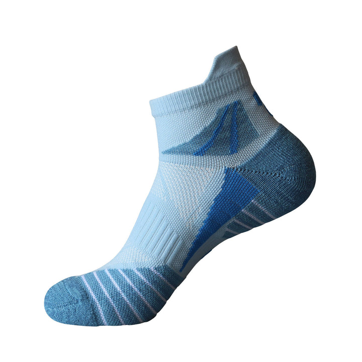A single light blue ankle sock with a darker blue pattern on a white background.