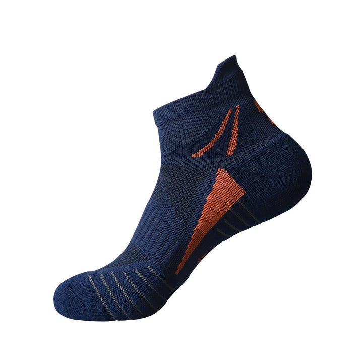 A single navy blue ankle sock with orange accents on a white background.