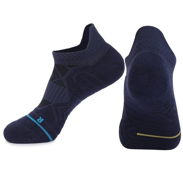 Two navy blue sports socks with light blue and yellow accents, one viewed from the side and the other from the bottom.