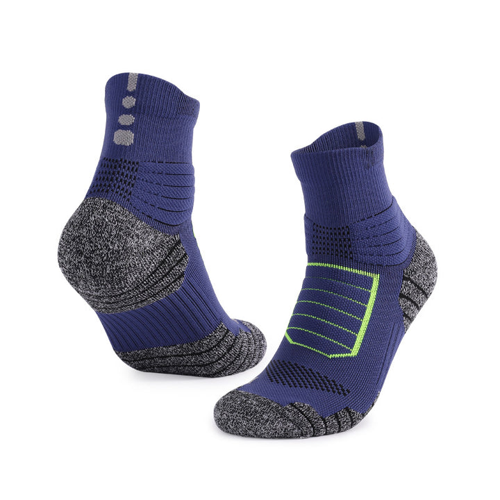 Navy blue and gray cushioned performance socks with arch support, designed for enhanced comfort and durability.