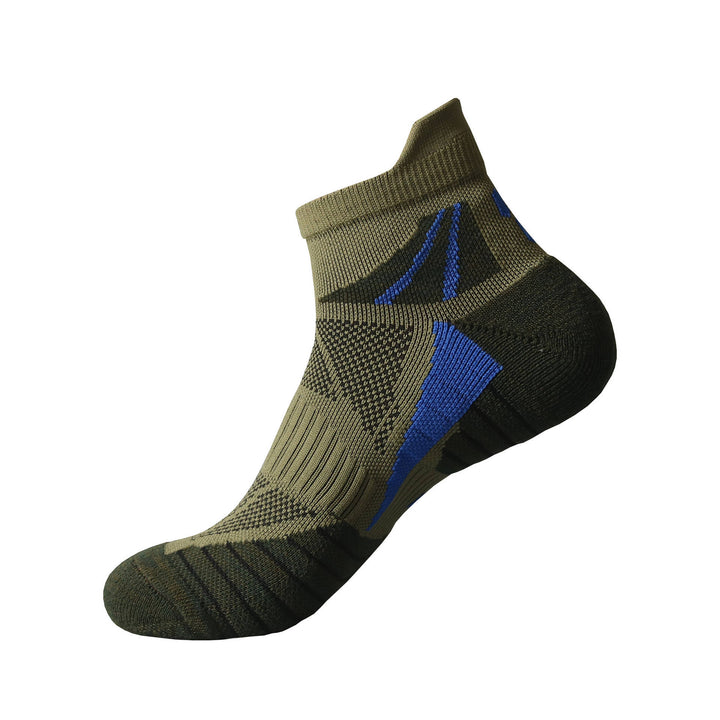 A single olive green ankle sock with blue detailing on a white background.