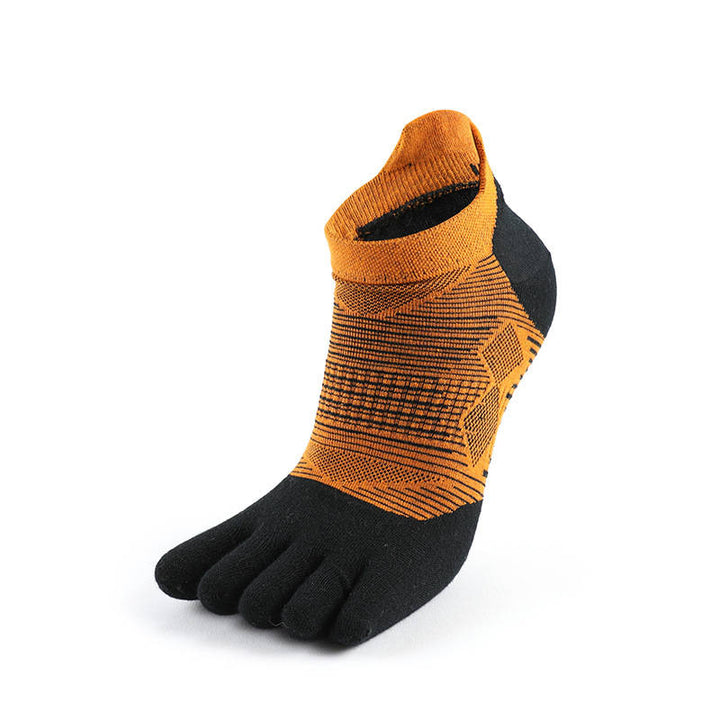 One orange and black patterned toe sock with an ankle cuff on a white background.