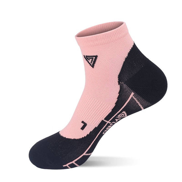A single pink ankle sock with a white geometric pattern design.
