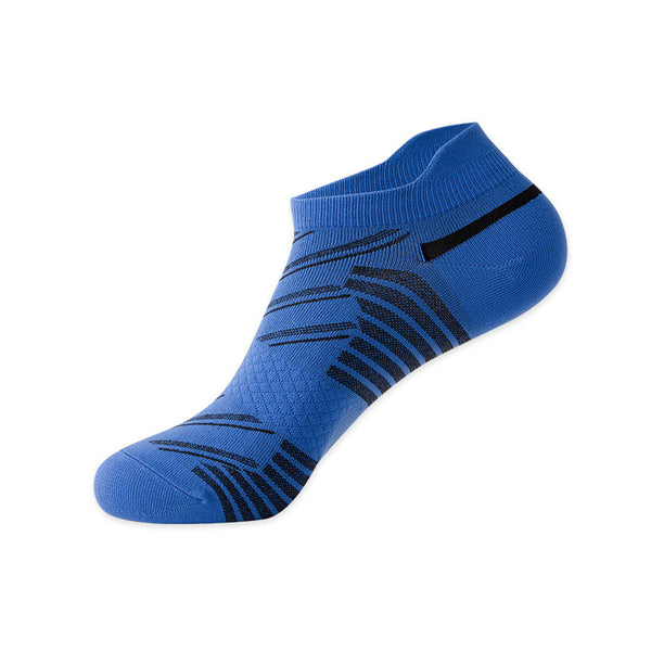 Royal blue ankle sock with dynamic black stripes and breathable mesh design.