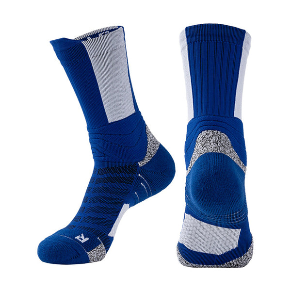 Pair of royal blue basketball socks with white accents, enhanced cushioning, and arch support.