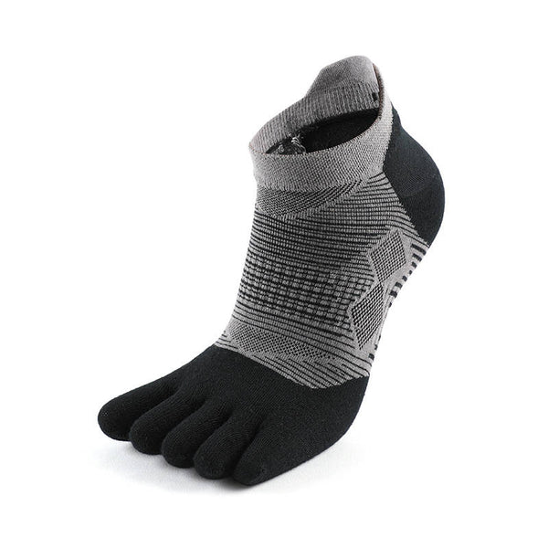 Single black and grey patterned toe sock with a high ankle cuff on a white background.
