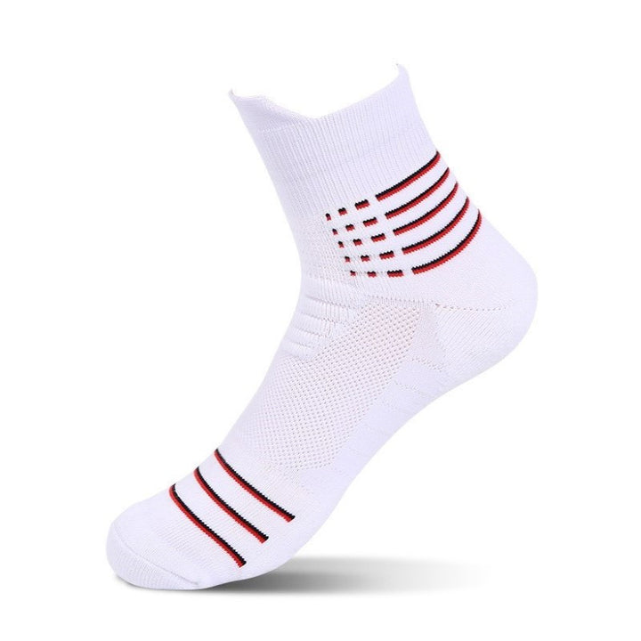 A single white athletic sock with red stripes and breathable mesh design on an isolated background.