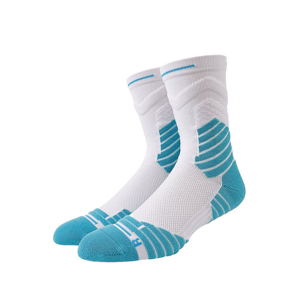 White crew socks with light blue toes, heels, and stripe patterns, against a white background.