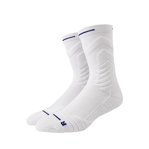 White crew basketball socks with navy stripes and a cross symbol on the ankle, displayed on a white background.