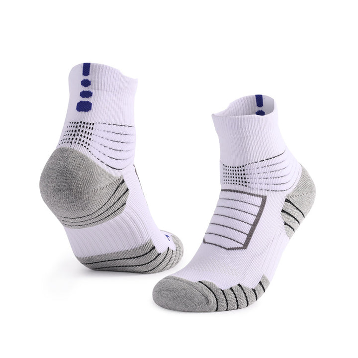 White and gray cushioned performance socks with arch support, designed for comfort and durability.