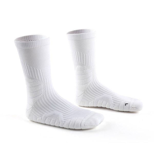A pair of white knit socks on a white background.