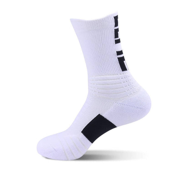 White sports sock with black accents on the heel and arch, featuring a ribbed ankle design.