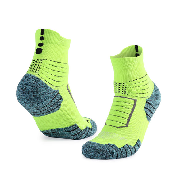 Bright yellow and blue cushioned athletic socks with arch support, designed for comfort and high performance.