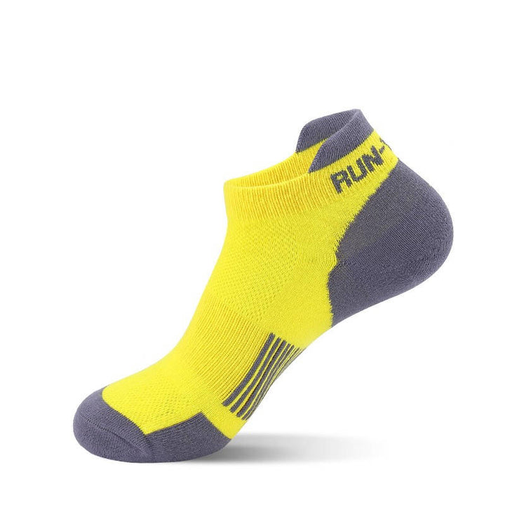 A single yellow running sock, on a white background.